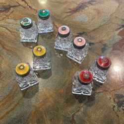 Vintage  Salt And Pepper Shakers Crystal W/ Sterling Silver And Guilloche Enamel Tops - As Is