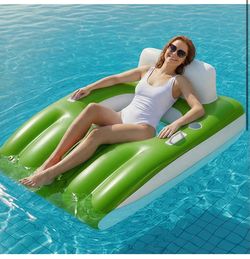 Inflatable Pool Lounge Float Adult, Swimming Pool Floatie Green Large Beach Tanning Recliner, Floating Sofa Mesh Chair W/ Cup Holder, Blow Up Lake Wat