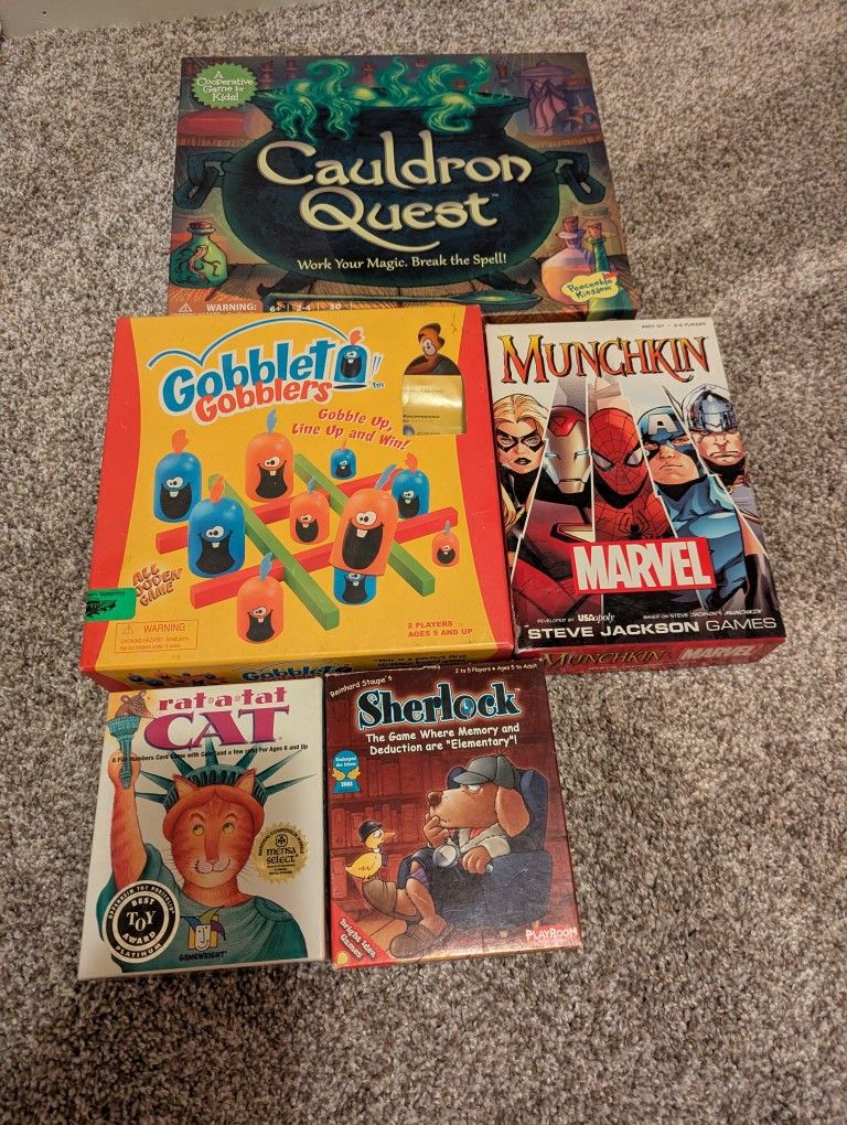 Great Kid Board Games- Sherlock, Rat- At- Cat, Marvel Munchkin, Gobblet Gobblers, Cauldron Quest