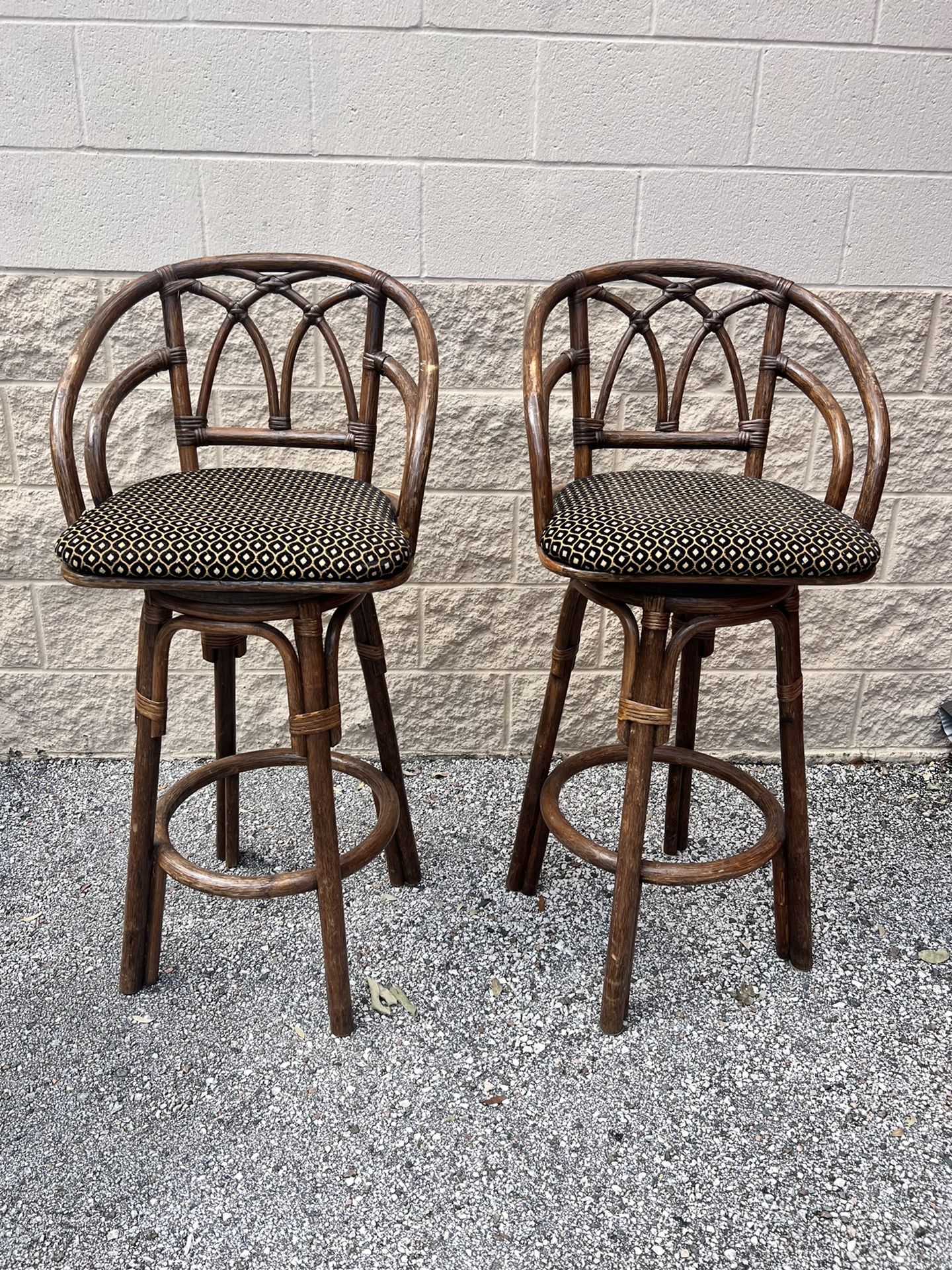 PAIR OF 2 VINTAGE BOHO BAMBOO RATTAN CHAIR BAR STOOLS 