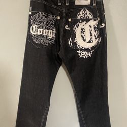 Coogi Embroidered Logo Button Accents Black Denim Straight Jeans Men's Hip Hop