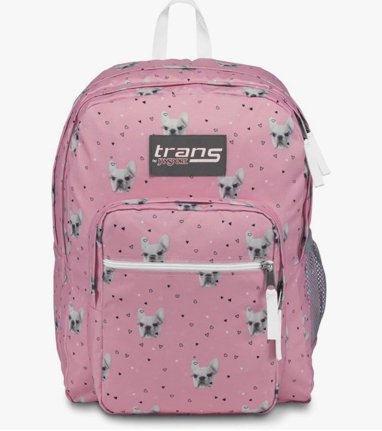 JanSport Trans 17" SuperMax Backpack Fierce Frenchies Pink Dog Print
