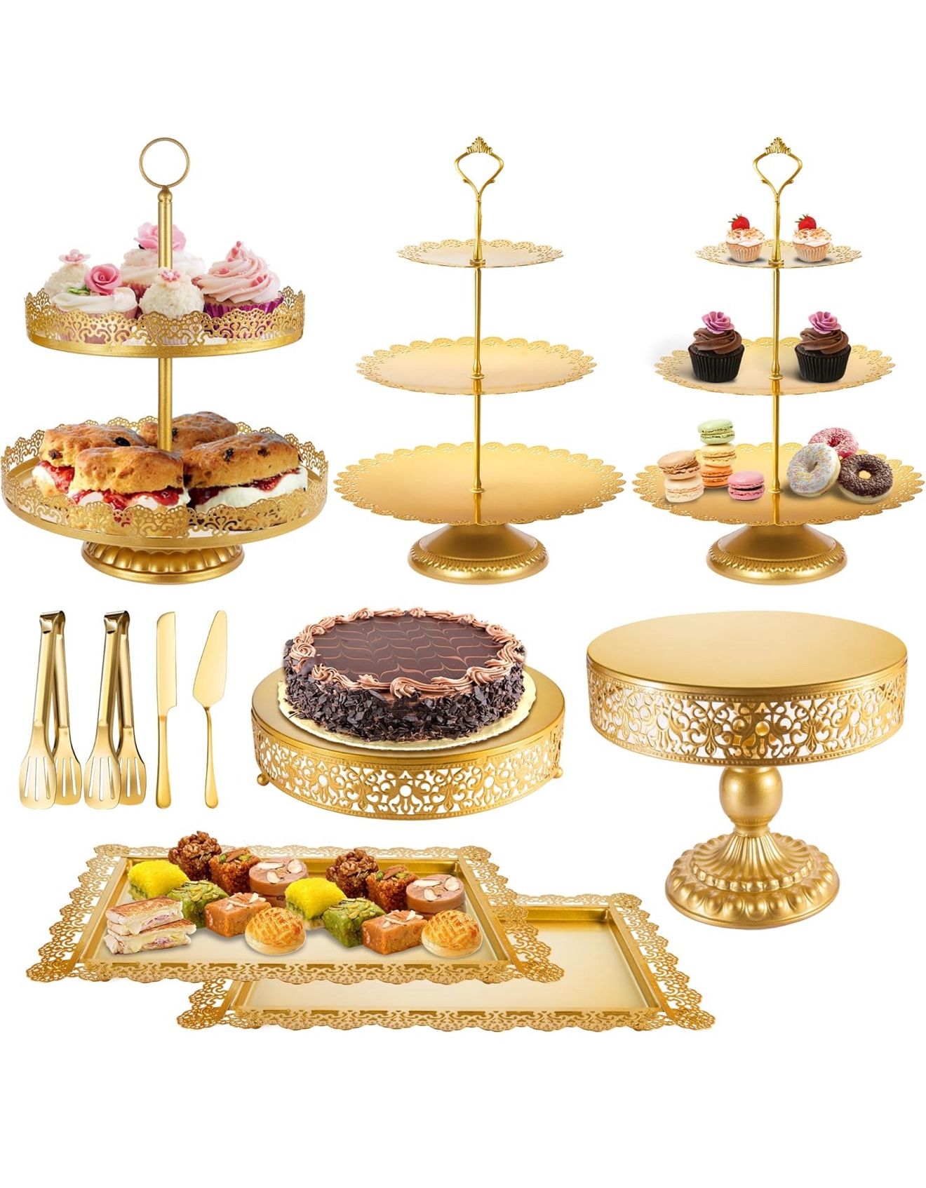 Luxury 12-Piece Gold Dessert Stand Set – Cake Stands, Trays, Serving Tools – Wedding/Event Decor