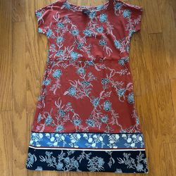 NEW J.Jill Women’s Red Floral Short-Sleeve Dress with Contrasting Hem size S