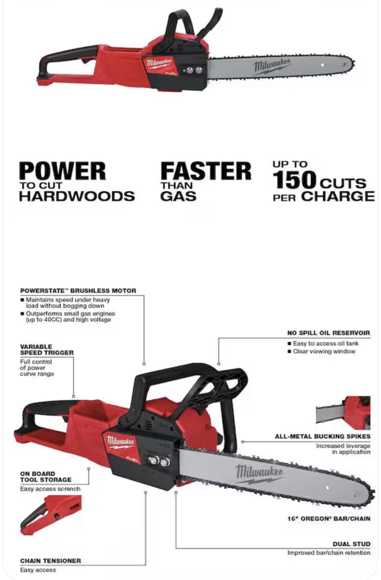 MILWAUKEE CHAINSAW  M18 FUEL 16 in. 18V Lithium-Ion Brushless Battery Chainsaw (Tool-Only)