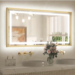 48 X 24 Bathroom LED Mirror Brushed Gold Metal Frame Frontlit & Backlit Vanity Mirror Stepless Dimmable Anti-Fog 3 Colors White/Warm/Natural Li