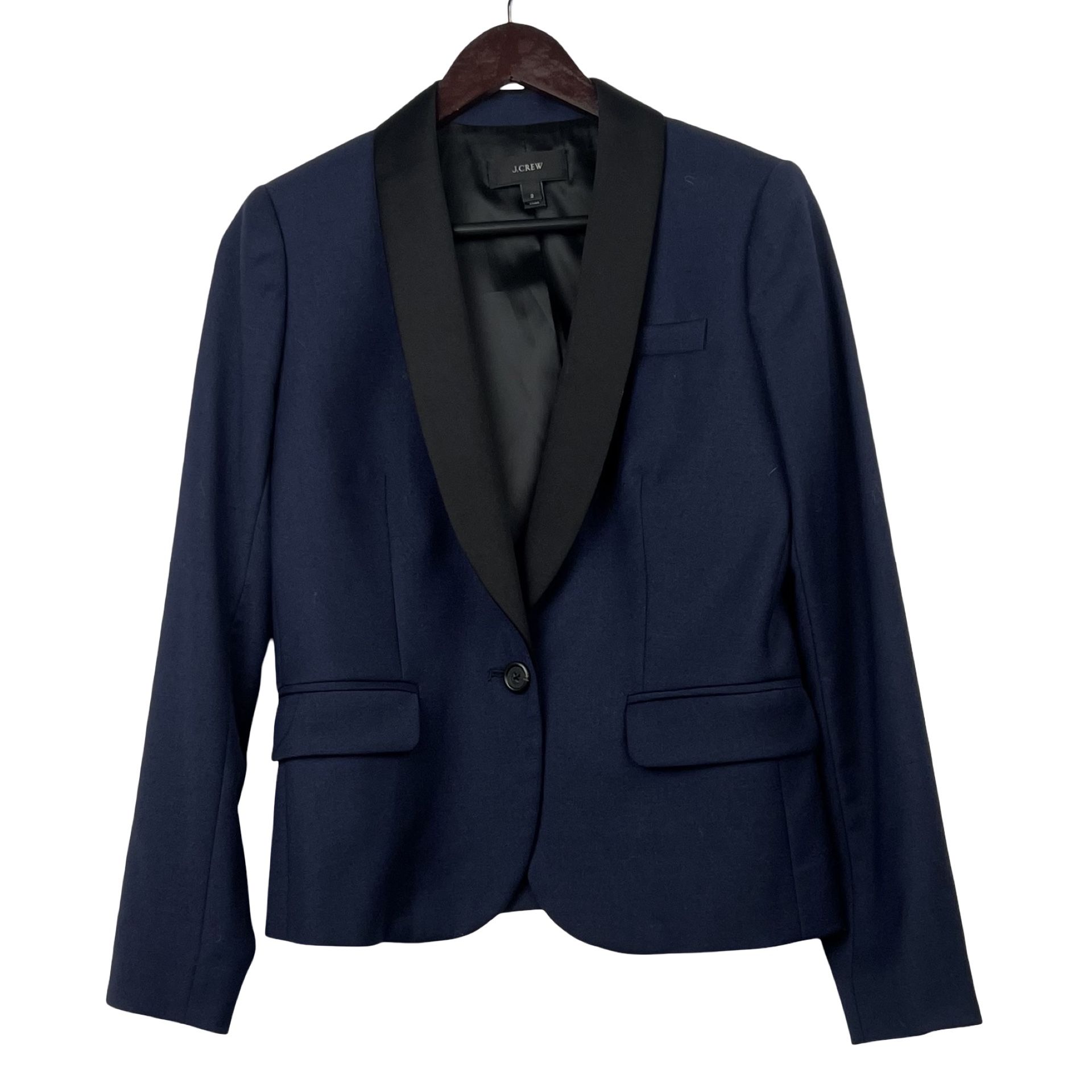 J.Crew Women’s Navy Black Shawl Collar Tuxedo Blazer Wool Two Tone One Button Size 2