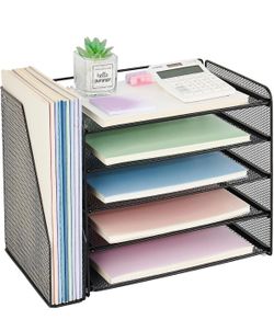 Desk Organizer, 5-Tier Paper Organizer Letter Tray with Magazine Holder, Office Desk Accessories & Workspace Organizers, Desktop File Organizer
