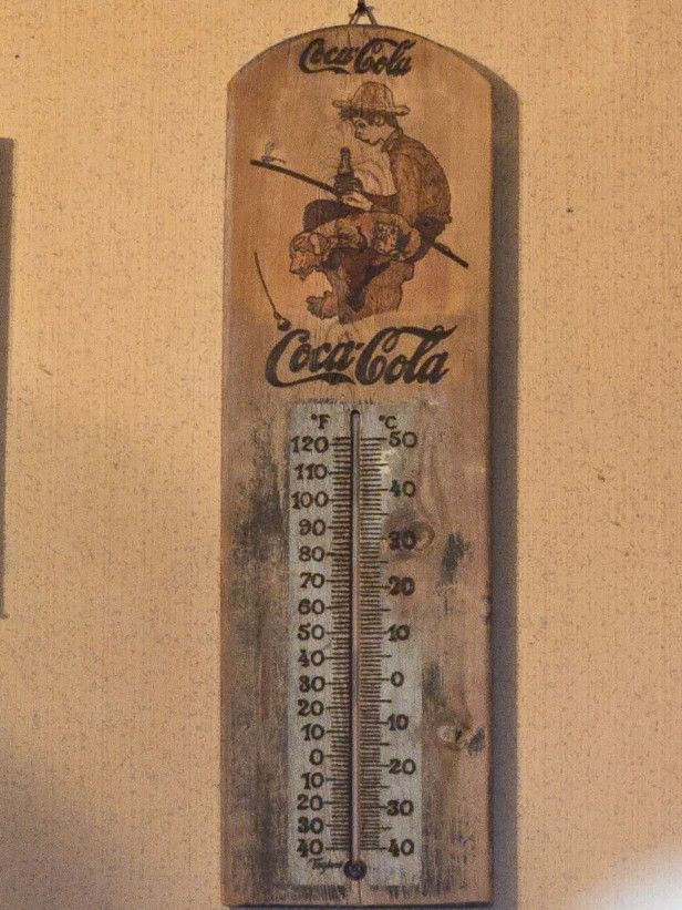 Vintage Norman Rockwell Coca Cola Wood Burning Thermometer