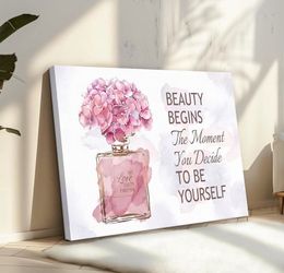 Gold Perfume Bottle Canvas Wall Art Pink Flower
