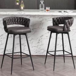 Modern Bar Stools Set of 2, 30" Bar Height Barstools, 180° Swivel Suede Fabric Stool Chairs with Woven Back and Footrest for Kitchen Island, Cafe, Pub