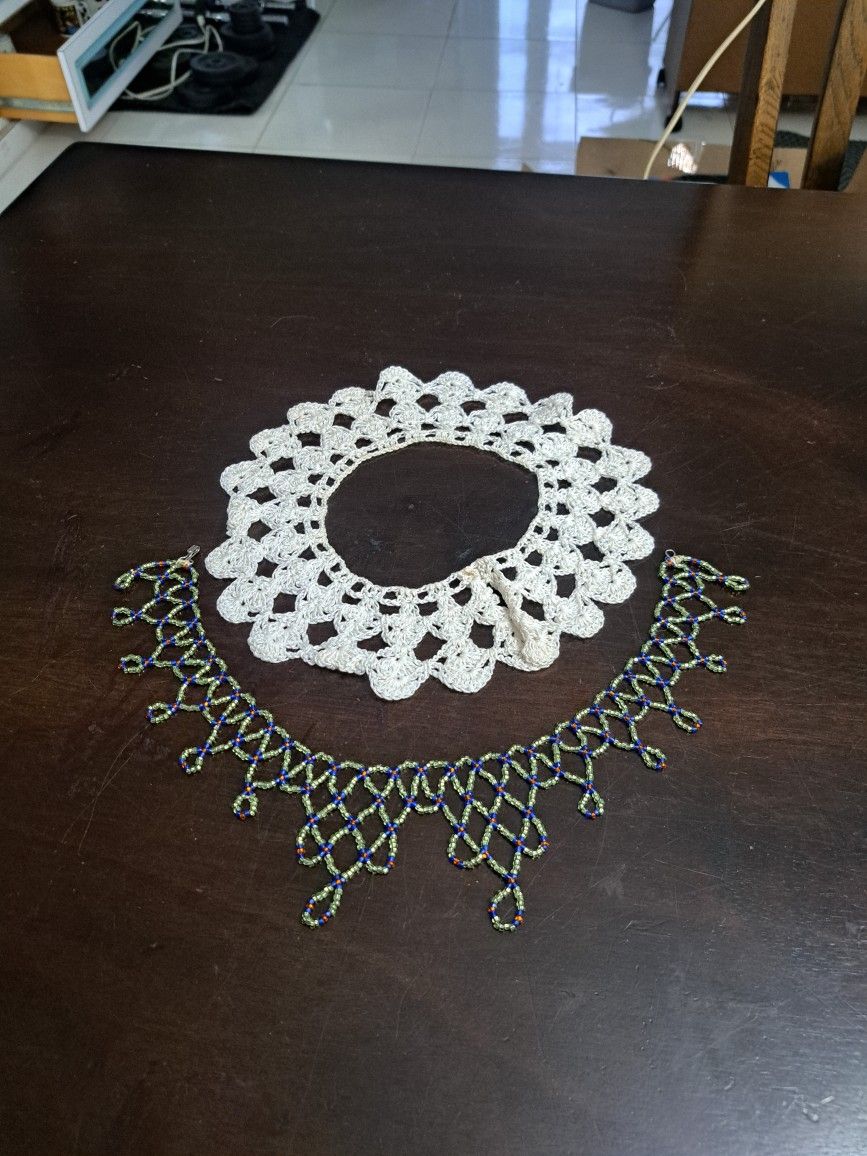 Vintage Mid-century Hand Crochet Neckwear With Beaded Costume Jewelr, Dated To The 1950's