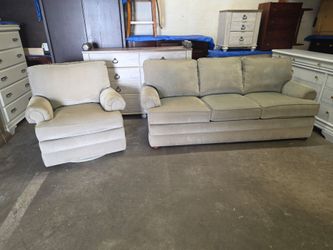 Thomasville Sage Green Fabric Couch and Swivel Chair