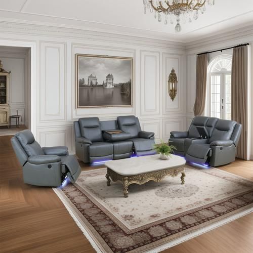 New Gray Leather Power Reclining 3-Pc Set — Sofa • Loveseat • Chair