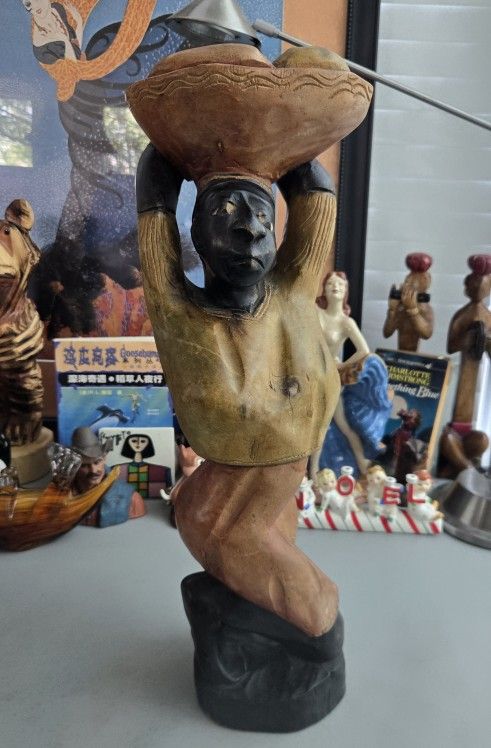 Vintage Hand Carved Haitian / Dominican Woman W/ Basket Wood Figure Sculpture