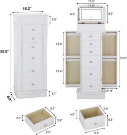C207 $115 Jewelry Cabinet with LED Mirror and 6 Drawers, White Jewelry Armoire Cabinet Standing with Necklace Hooks & Anti-Tarnish Lining, Standing J