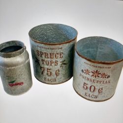 Galvanized Metal Container Tub Bucket Set Of 3 Christmas Holiday Decor Planter