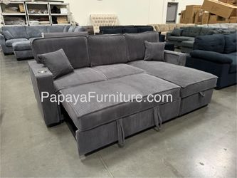 NEW IKEA Style Pullout Sleeper Bed Couch Gray Fabric Sectional Sofa Small Living Room Space Saving Apartment Size SofaBed Grey USB Charging Cup Holder