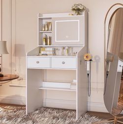 White Vanity Desk with LED Mirror