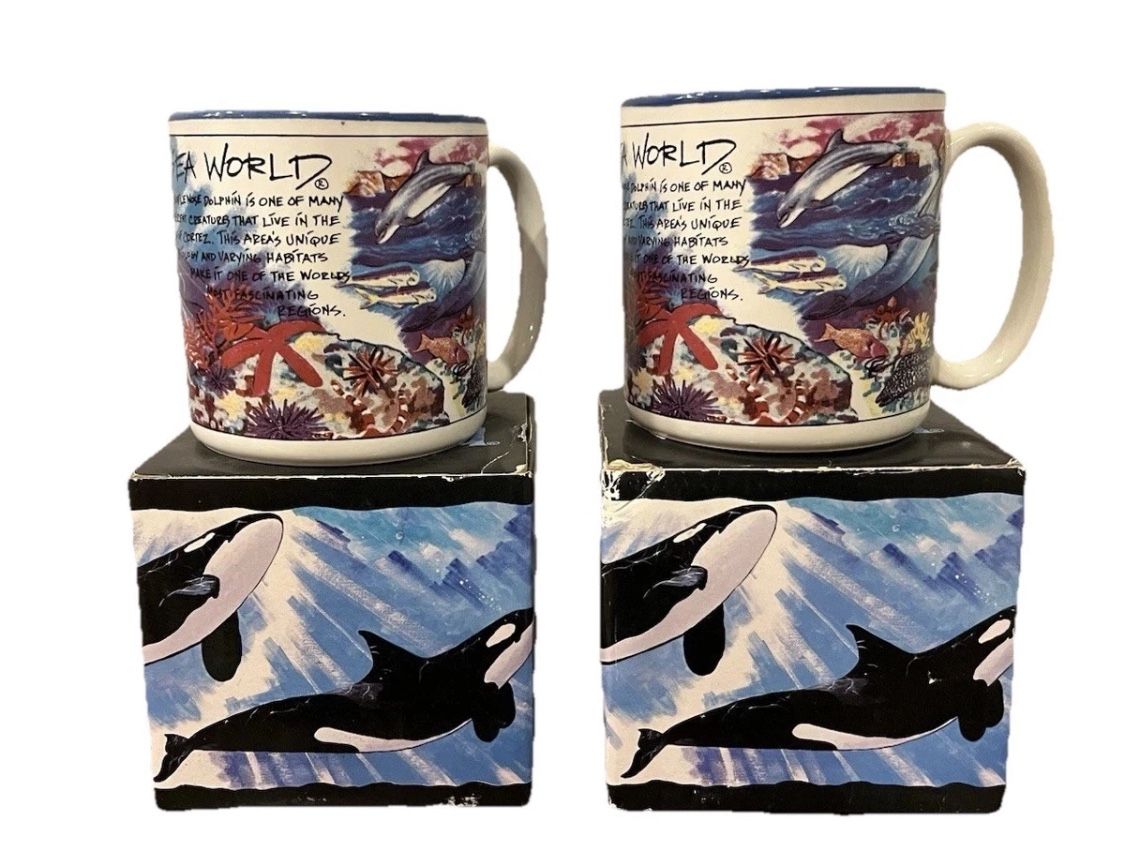 Sea World Mug Cup Coffee Tea Dolphin Gotschalk New Vintage Souvenir Set 2 Box
