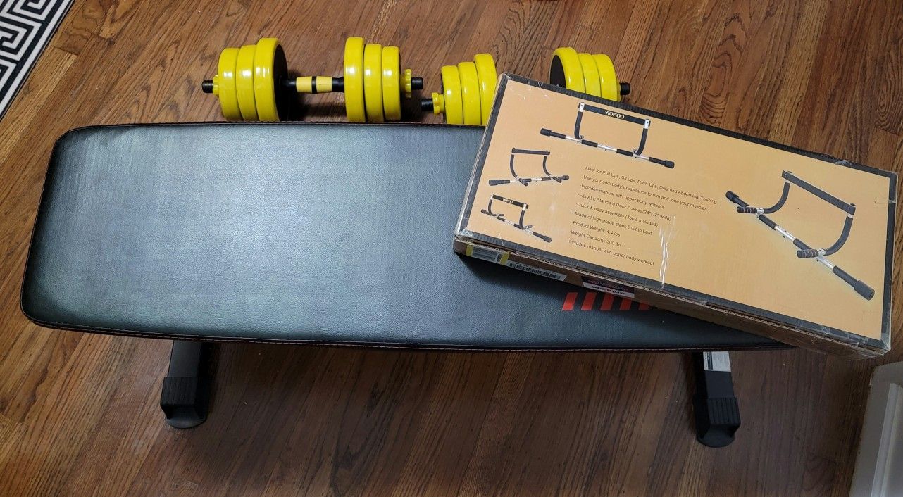 Brand New Setup Dumbells Weight Bench And Pull Up Bar 💪🏽