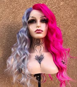 NEW HUMAN HAIR LACE FRONT HOT PINK BABY PINK AND SILVER GREY HUMAN HAIR WIG 