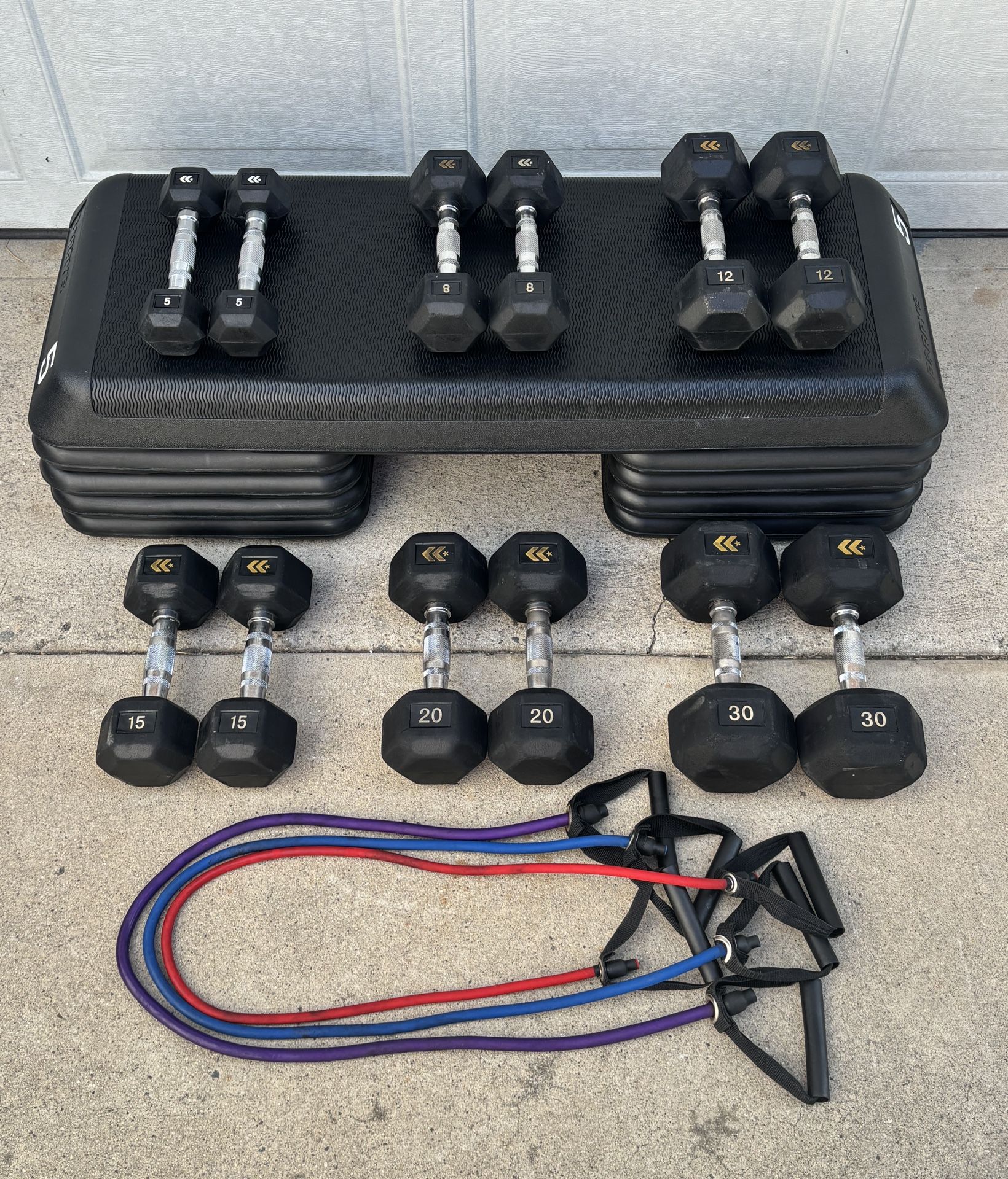 Hex Dumbbells, Stackable Aerobic Platform, Resistance Bands
