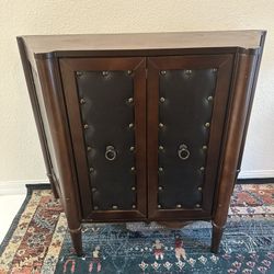 Storage/console Cabinet,black Leather And Brown Wood, Nailed Trim, Excellent Condition $90