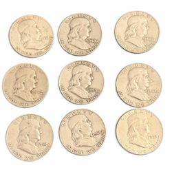 9 Franklin Half Dollars 90% Silver Mixed Dates 1(contact info removed) $4.50 Face Lot