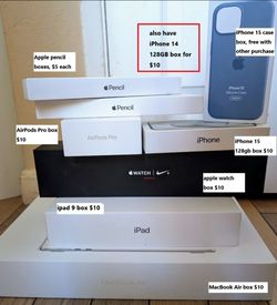 EMPTY Apple retail boxes for Macbook, iphone, ipad, watch, airpods, pencil, case ($5 to $10 each)