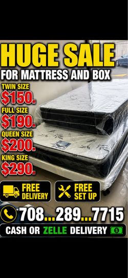 Huge sale for Mattress And Box Twin size #mattress and box 150.$ full 190$ Queen 200$ king 290$. free delivery free set up 708….289…7715… cash or Zell