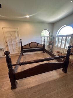 Vintage King Wood Four Post Bed Frame with Cane Headboard