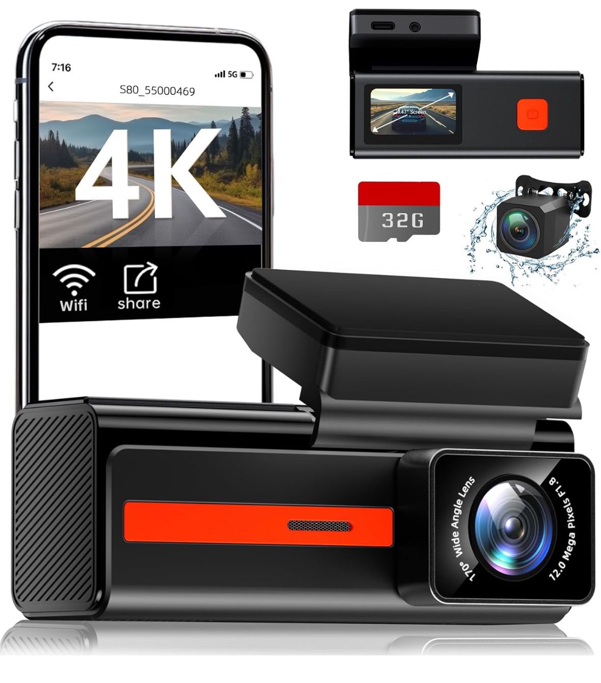 Dash Cam Front and Rear, Veement S80 4k+1080P Dual Dash Camera for Cars, WiFi Mini Car Camera,1.47