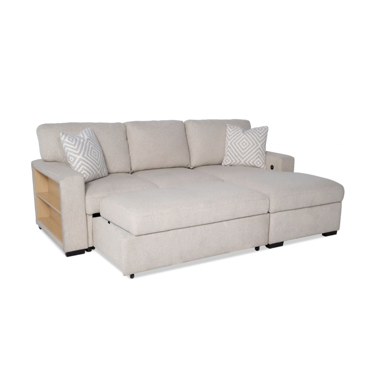 Modern Beige Sectional Sofa – Pop-Up Sleeper with Chaise and USB