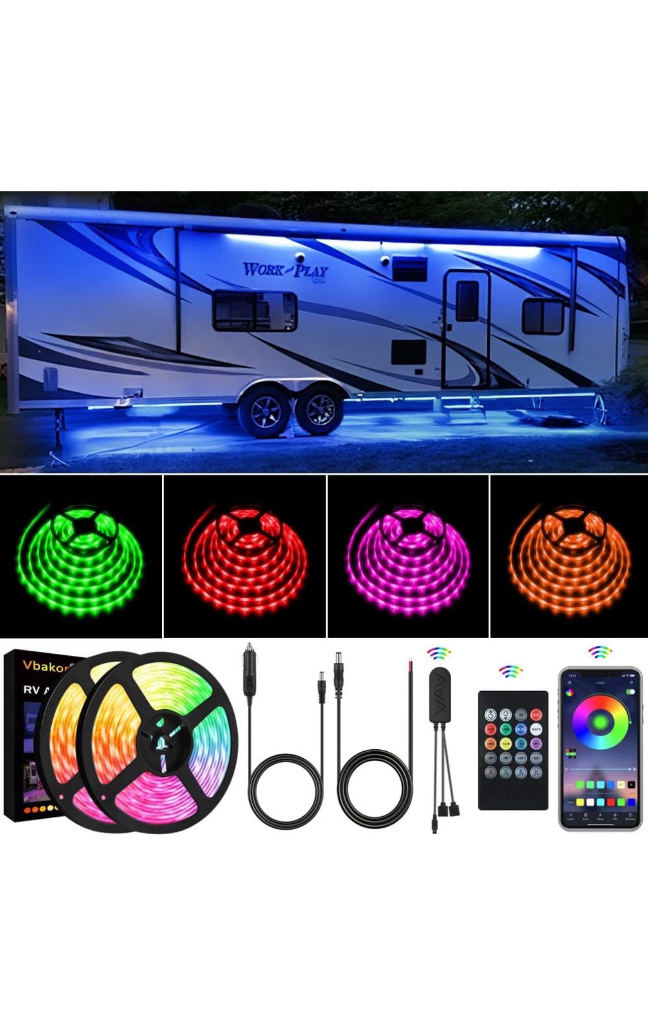 RV Awning Lights, 33FT RV Underglow Led Lights Kit, 12V Multi-Color Exterior Neon Accent Underbody Strip Lights for Camper Motorhome with Extension Ca