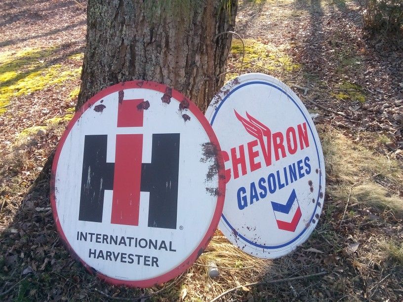 Large International Harvester Farm Metal Sign or Chevron Gasolines.