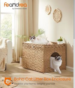 Cat Litter Box Enclosure, Handwoven Rattan End Table, Extra Mat Hidden Litter Box Furniture, Removable Washable Tray, Boho Cat House, Goose Yellow, EL