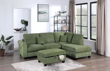 Brand New Green Super Plush Corduroy Sectional Sofa w Storage Ottoman