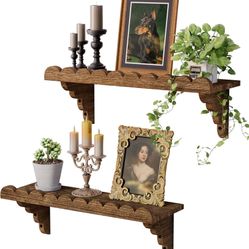 Scalloped Wood Wall Shelf – 17 Inch Floating Shelf with Wood Brackets, Easy to Install Rustic Wall Shelf for Living Room, Bedroom, Bathroom, or Any Sp