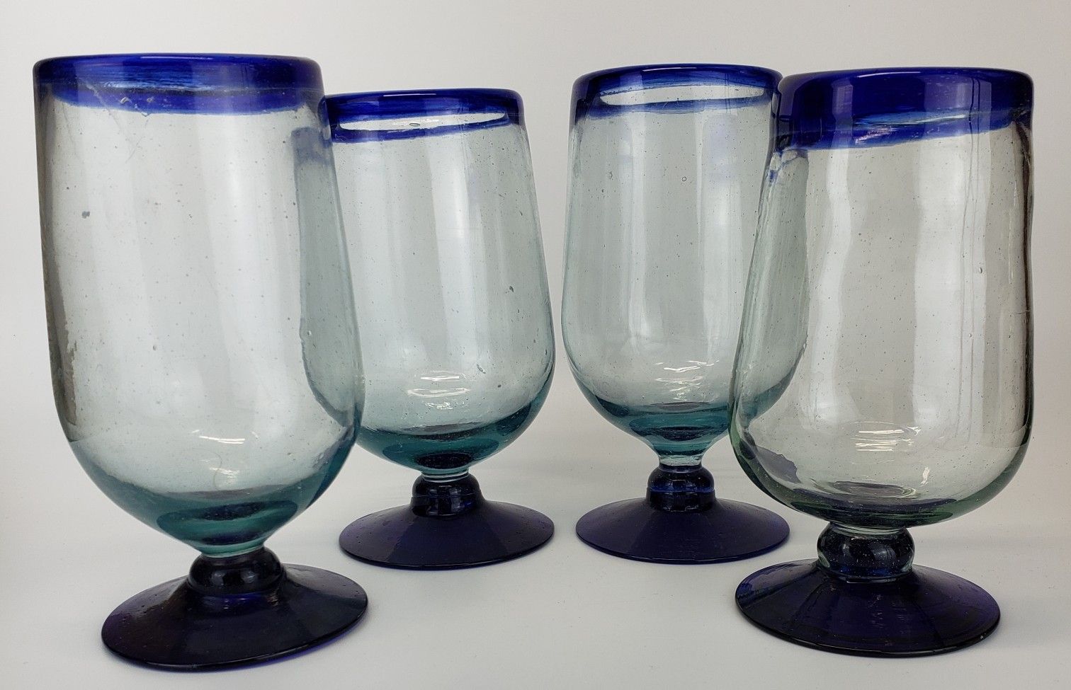 Set of 4 Mexican Cobalt Blue Balloon Wine Glasses /Water Goblets