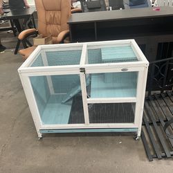 Indoor Rabbit Hutch with Wheels, Desk and Side Table Sized, Wood Rabbit Cage, Waterproof Small Rabbit Cage, Light Blue d51-124
