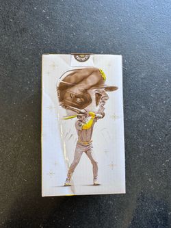 Broken collectible bobblehead made of resin. This gray and black figure commemorates Wil Myers hitting for the cycle on April 10, 2017. The item has a