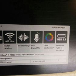 INTEL CORE i7 7500U LAPTOP AND POWER CORD