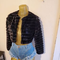 Dark Brown Cropped Faux Fur Jacket