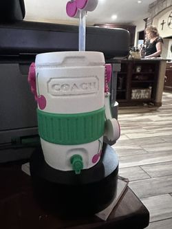Coach Inspired Cherry Print Drink Cup w/Pink Chain Strap and Green Grip-3d Print