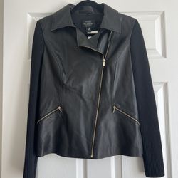 St. John Knits Leather Moto Jacket in Black w/ Wool Ribbed Knit Sleeves sz 6