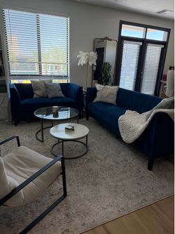 Whole Living Room Setup | Sofa, Loveseat, Rug, Tables, Chair & Bookshelf