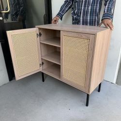 New In Box 31.5x15x33 Inch Tall Entryway Rattan Buffet Sideboard Cabinet Cupboard Shelf Teak Microwave Stand Shoe Rack Storage 