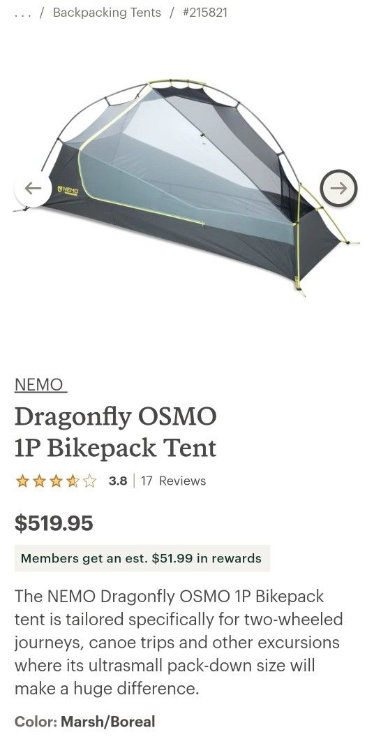 Nemo 1p Dragonfly Bikepack BNWT