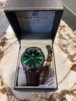 Caribbean Joe Men’s Green Dial Watch + Genuine Jasper Bracelet Set